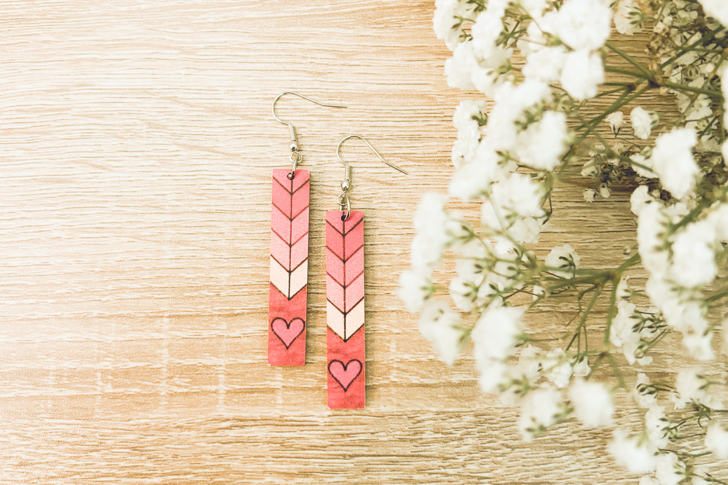 Beautiful Pink Heart Wood Earrings