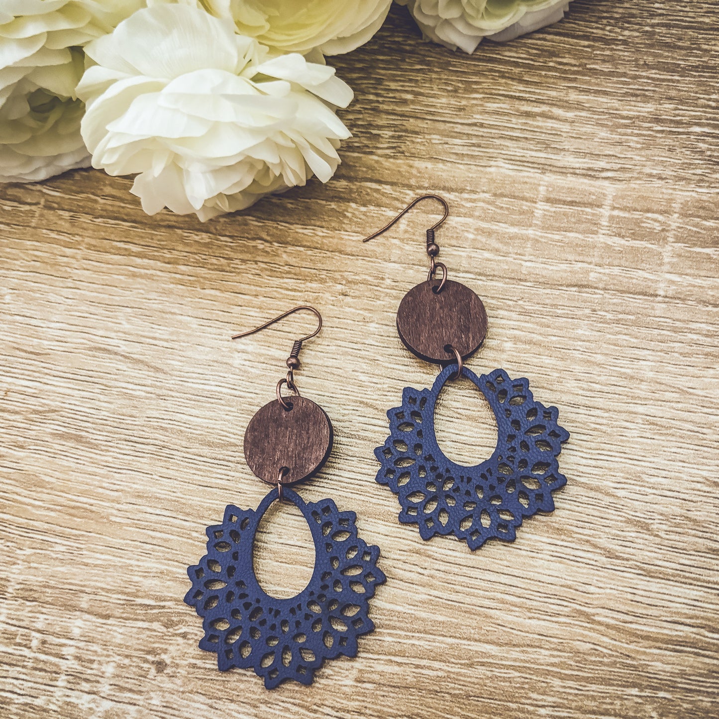 Beautiful Blue Wood and Leather  Earrings