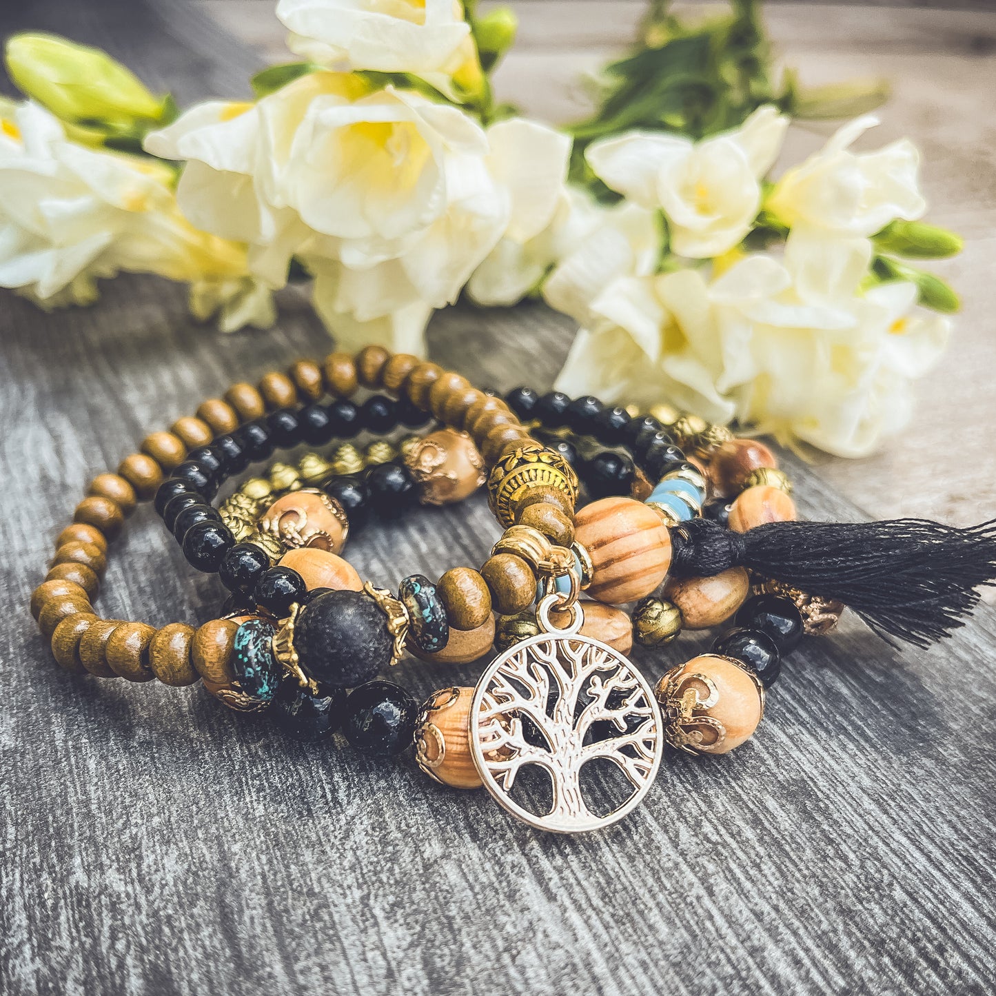 Beautiful Black and Wood Tree of Life Bracelet Set