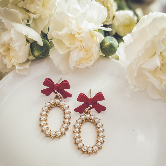 Beautiful Red Bow and Pearl Earrings