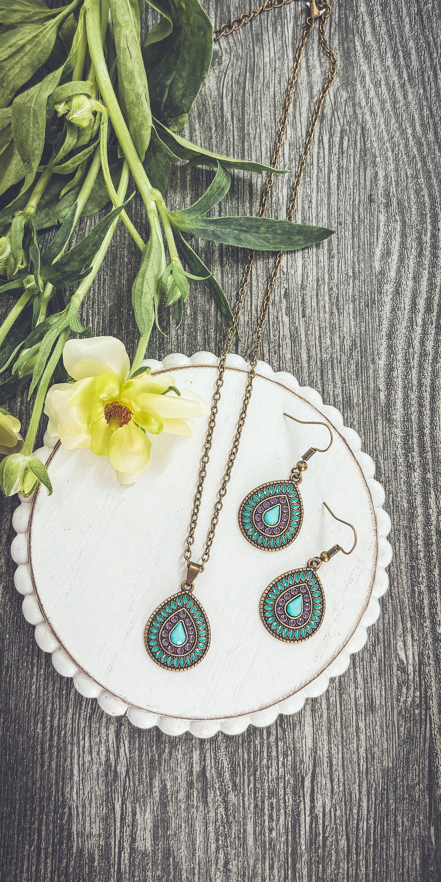 Beautiful Boho Turquoise and Purple Necklace and Earring Set