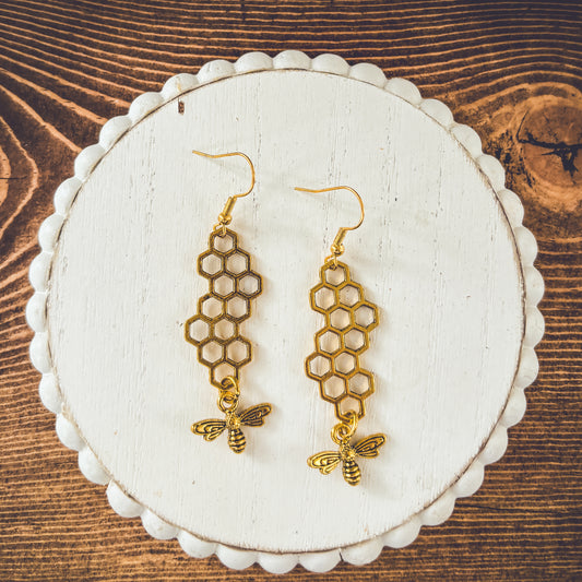 Gold or Silver Honeybee Honeycomb Earrings