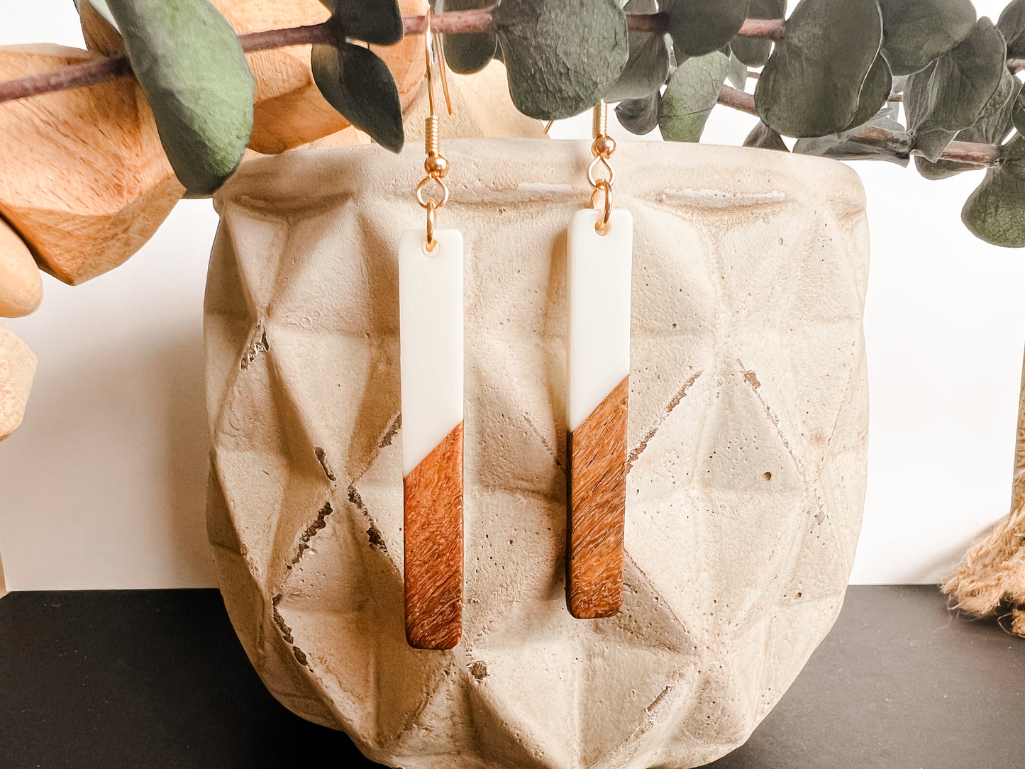 Beautiful White Resin and Wood Earrings