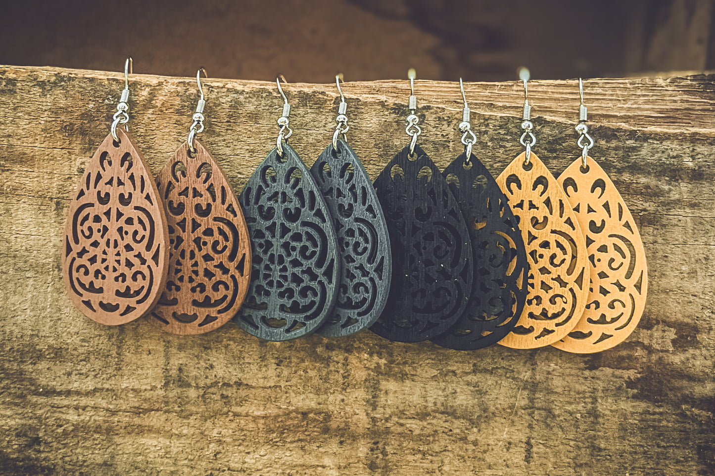 Set of Four Beautiful Carved Wood Earrings