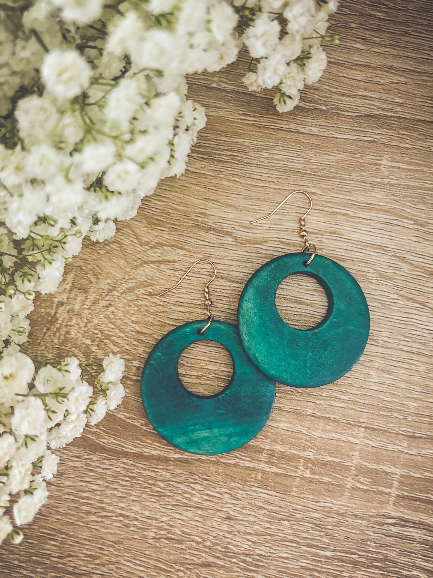 Beautiful Turquoise Wood Circle Earrings