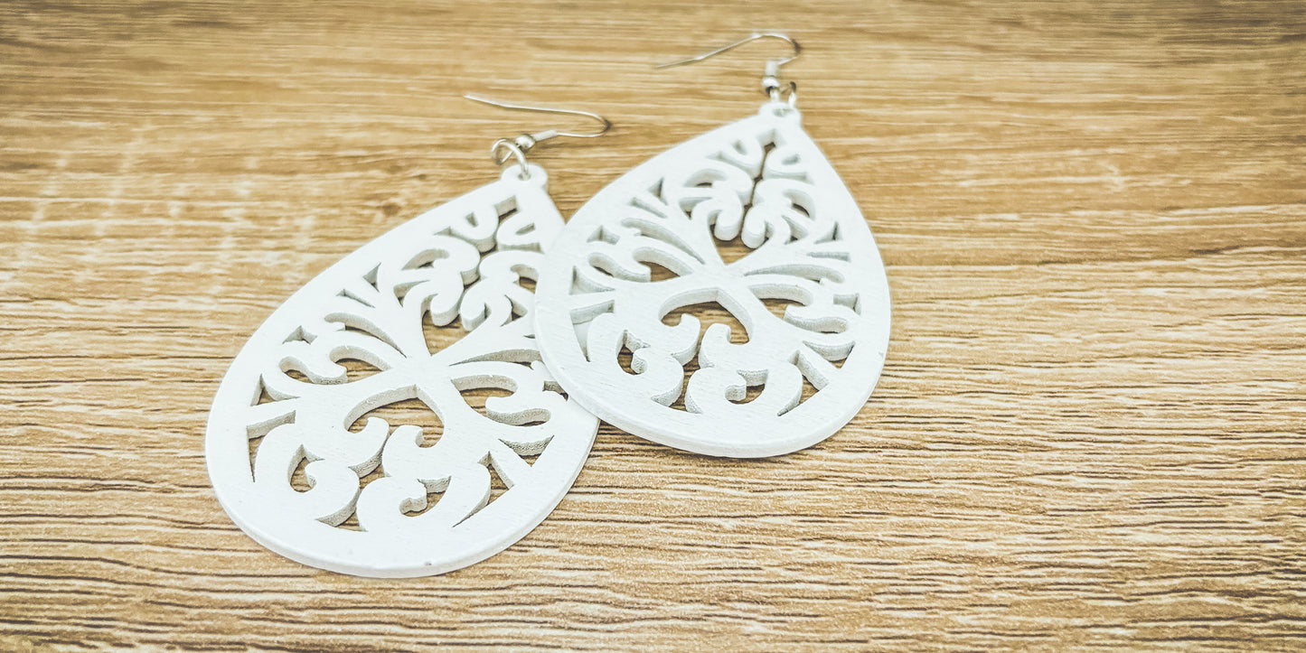 Beautiful White Wood Laser Cut Drop Earrings