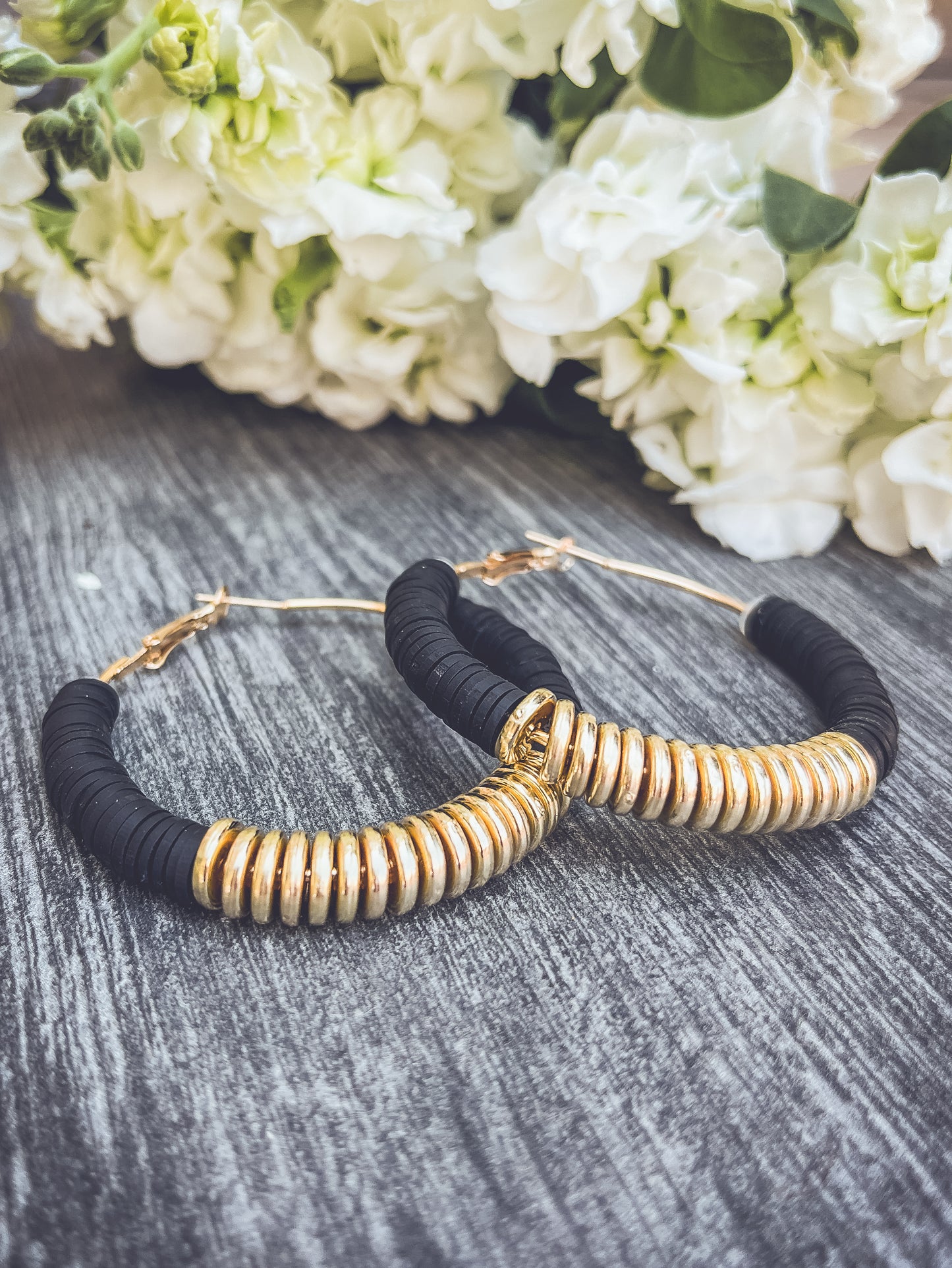 Beautiful Black and Gold Clay Hoops