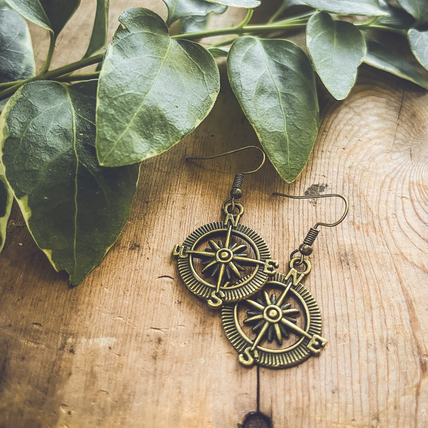 Beautiful Antique Finish Compass Earrings in Gold or Silver