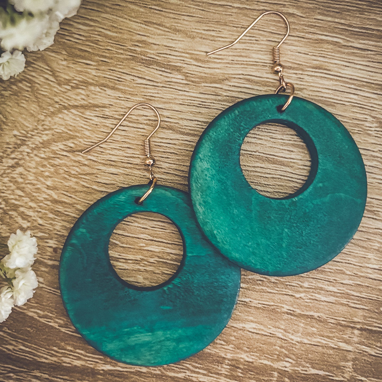 Beautiful Turquoise Wood Circle Earrings