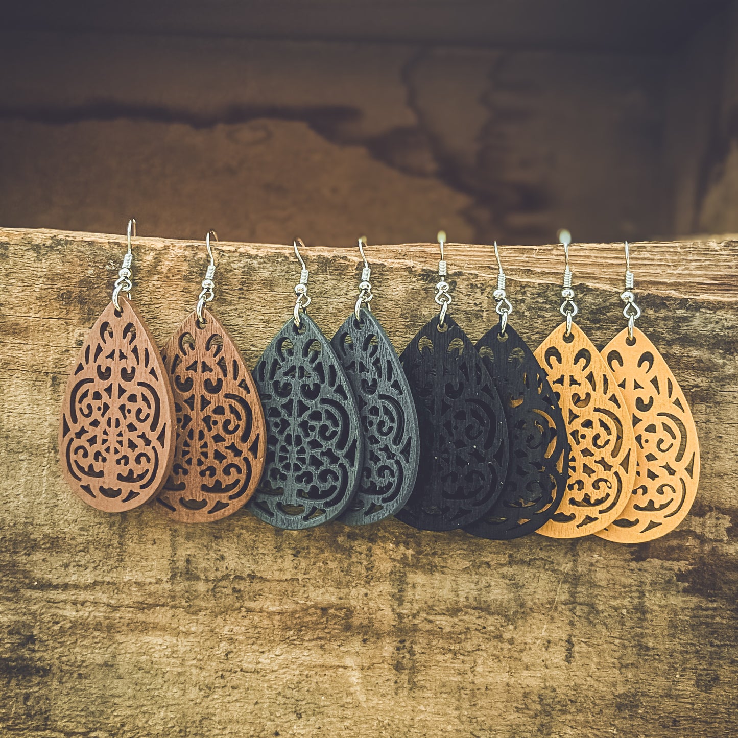 Set of Four Beautiful Carved Wood Earrings