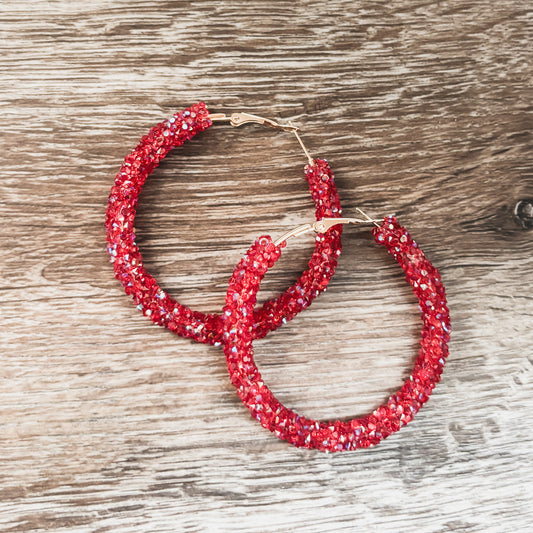 Beautiful Red Glitter Hoop Earrings