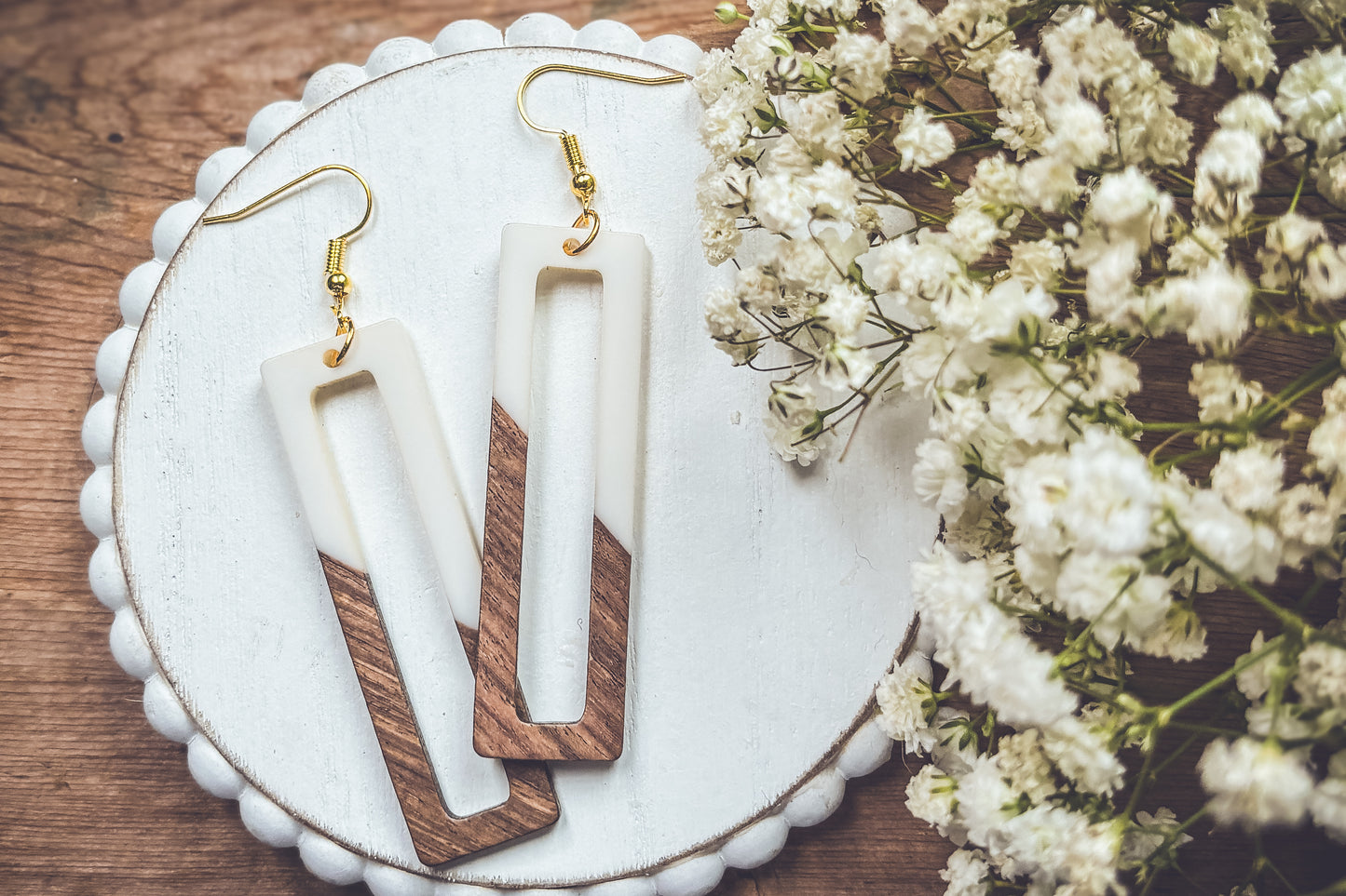 Rectangular White Resin and Wood Earrings