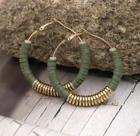 Beautiful Green and Gold Clay Hoops