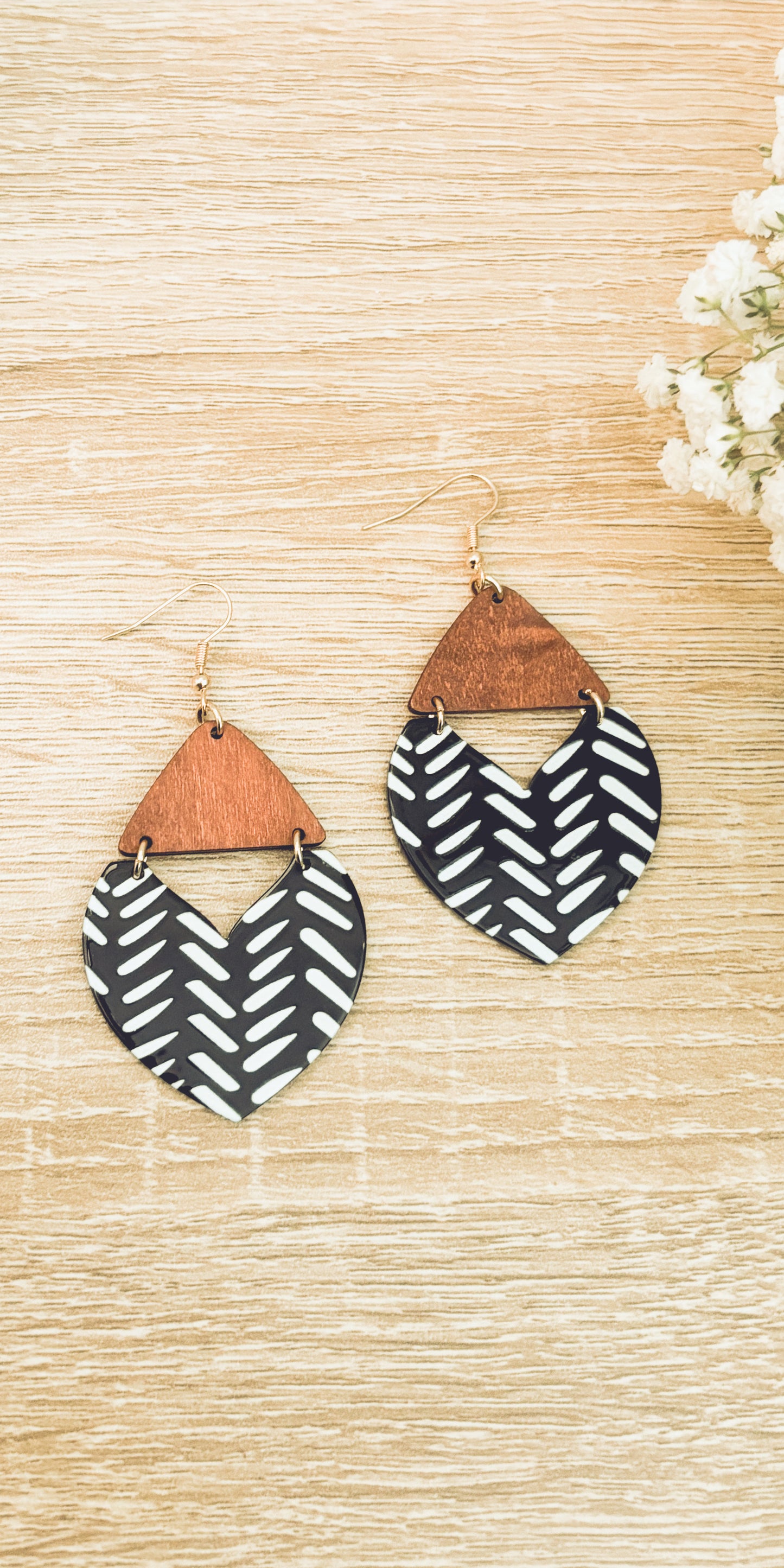 Beautiful Wood and Black and White Geometric Drop Earrings