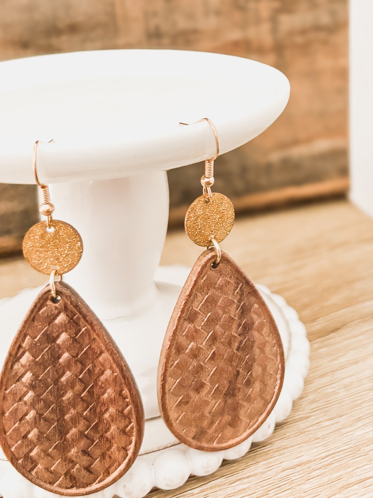 Beautiful Patterned Brown Wood and Gold Drop Earrings