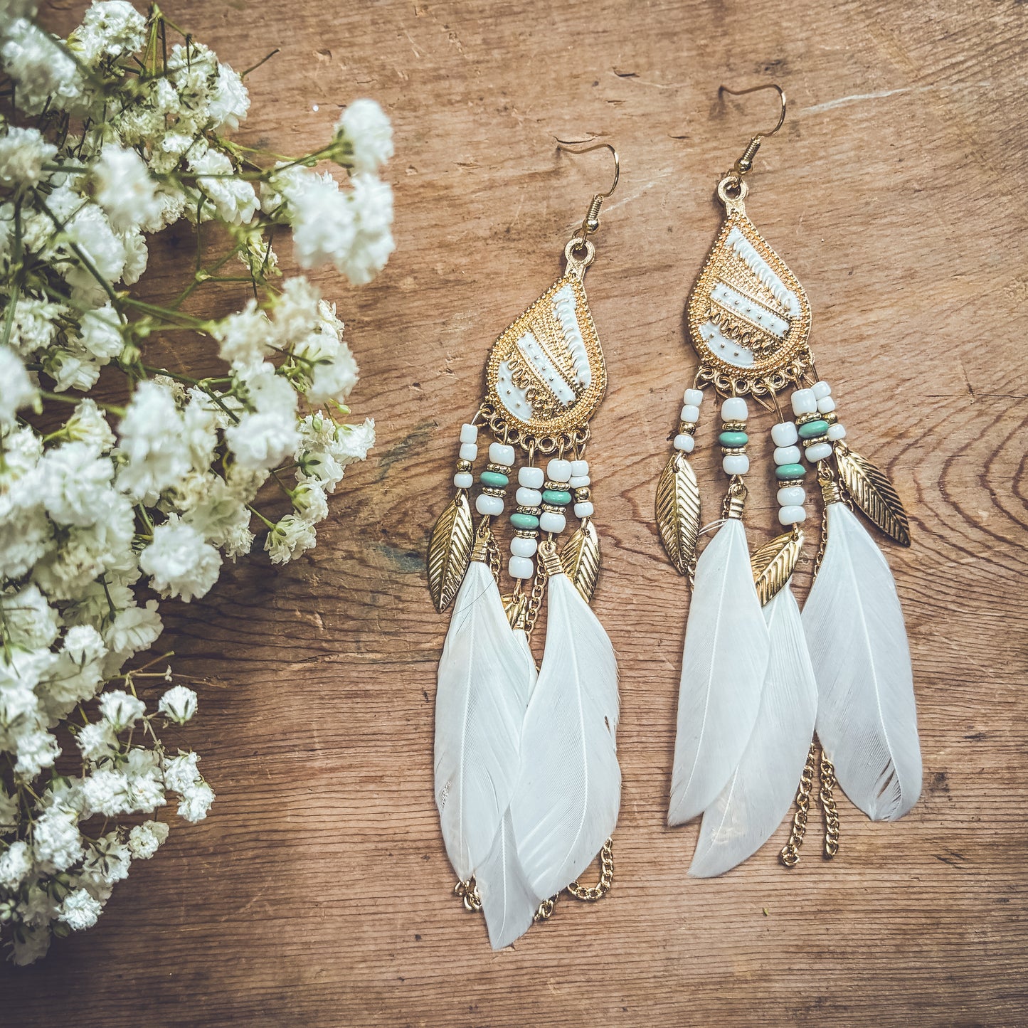 Beautiful White Boho Feather Earrings