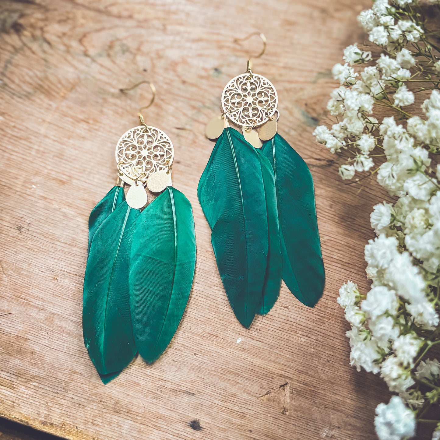 Beautiful Gold and Green Feather Earrings