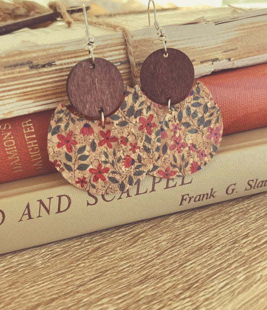 Beautiful Red and Blue Floral Cork and Wood Earrings