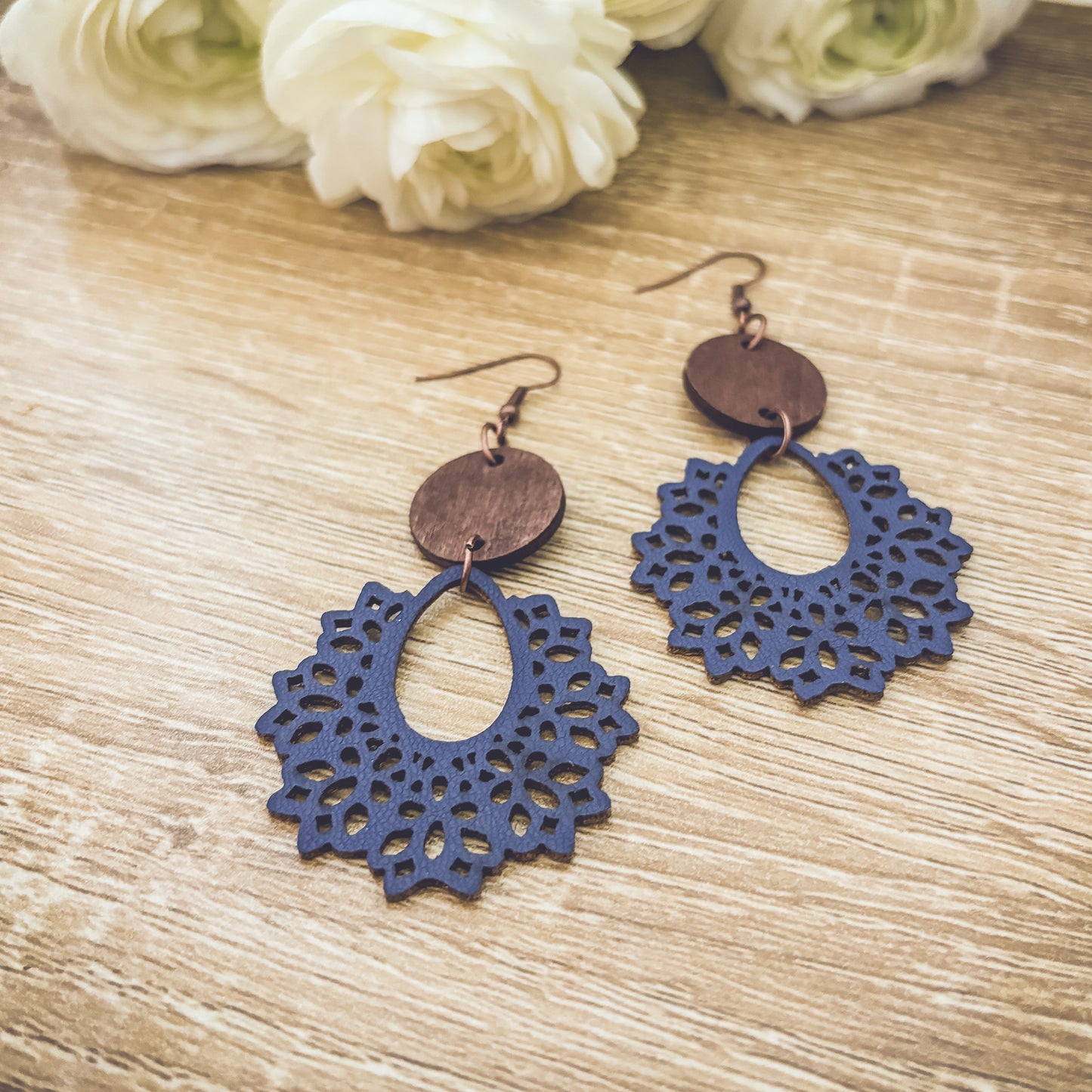 Beautiful Blue Wood and Leather  Earrings