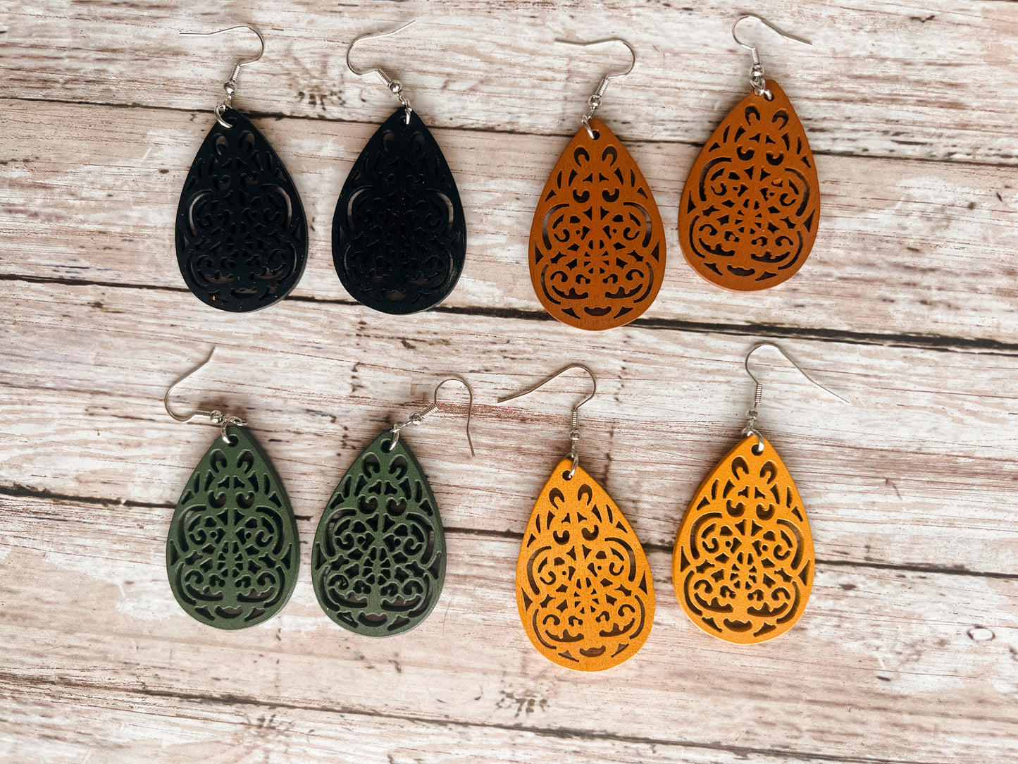 Set of Four Beautiful Carved Wood Earrings