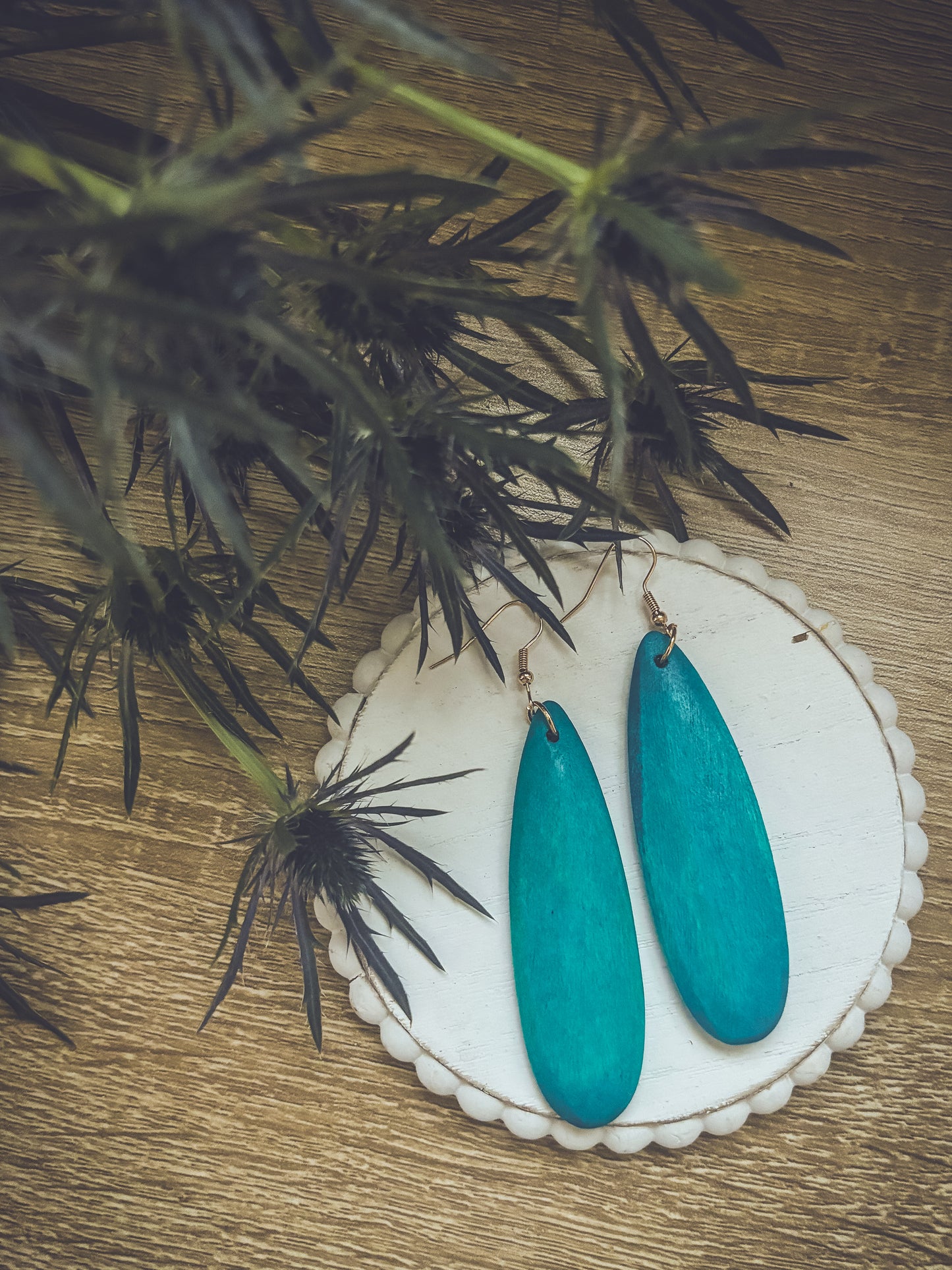 Beautiful Wooden Turquoise Drop Earrings