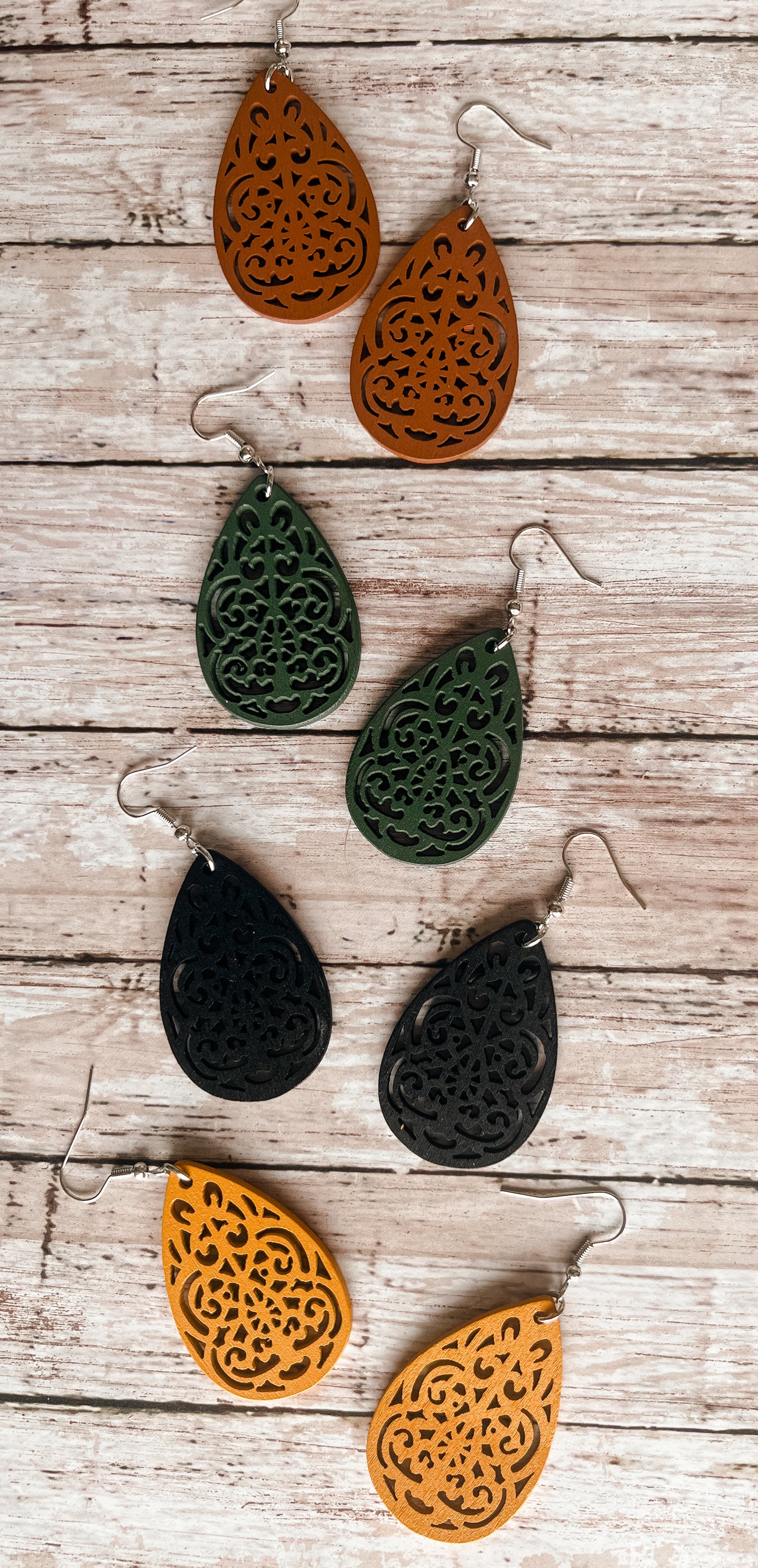 Set of Four Beautiful Carved Wood Earrings