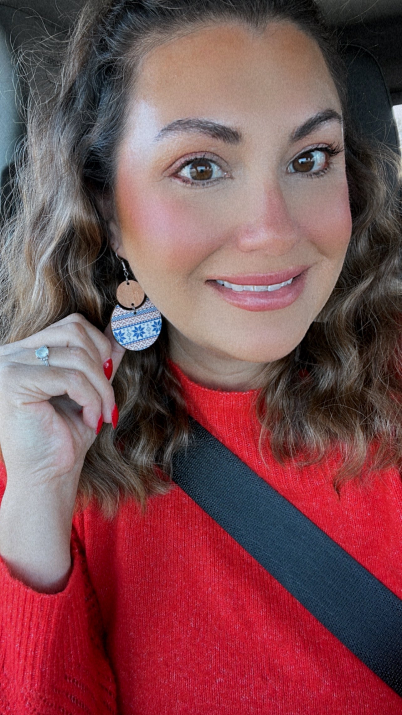 Beautiful Red and Blue Wooden Snowflake Earrings