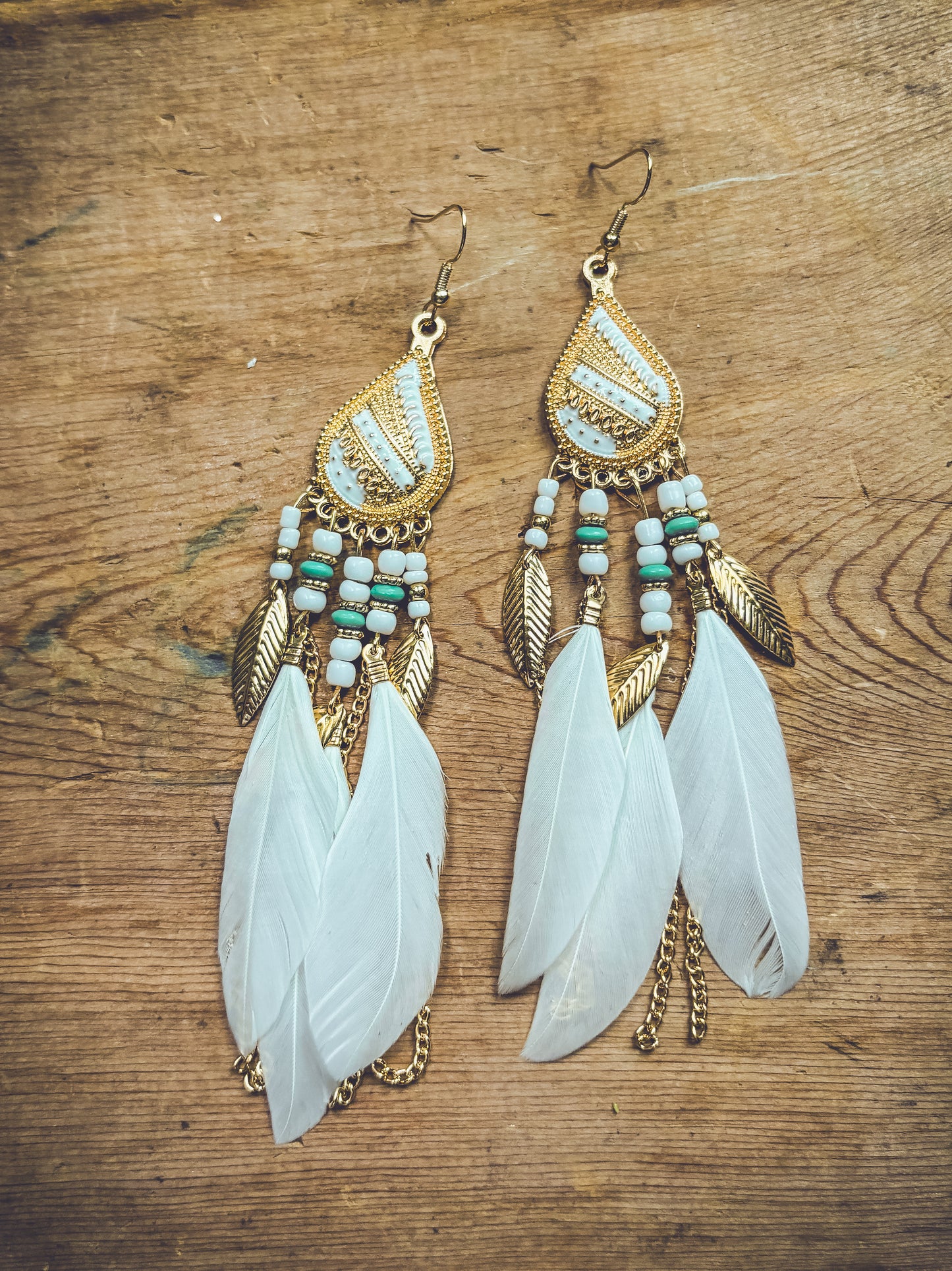 Beautiful White Boho Feather Earrings