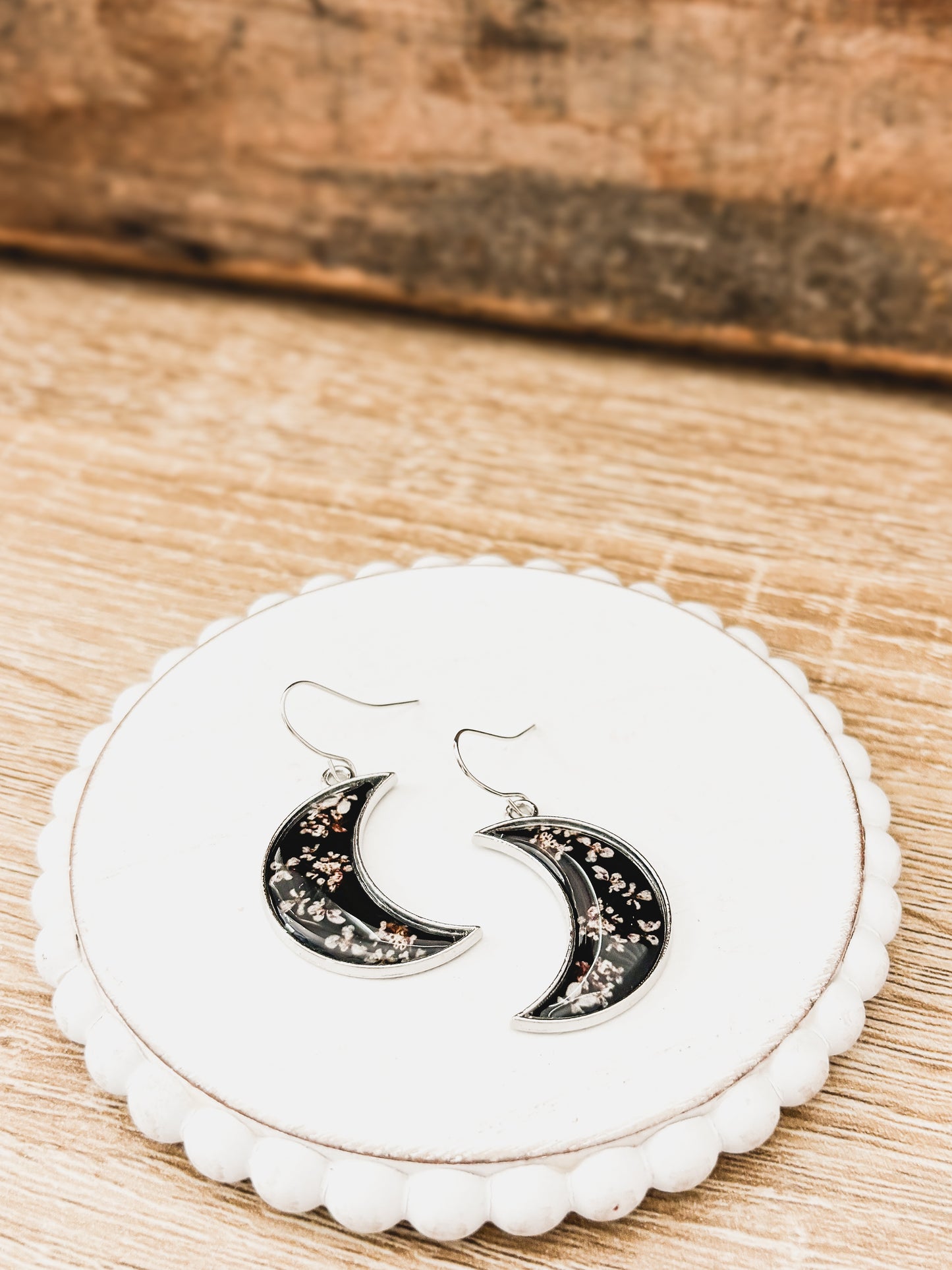 Midnight Moon Crescent Earrings with Pressed Flowers