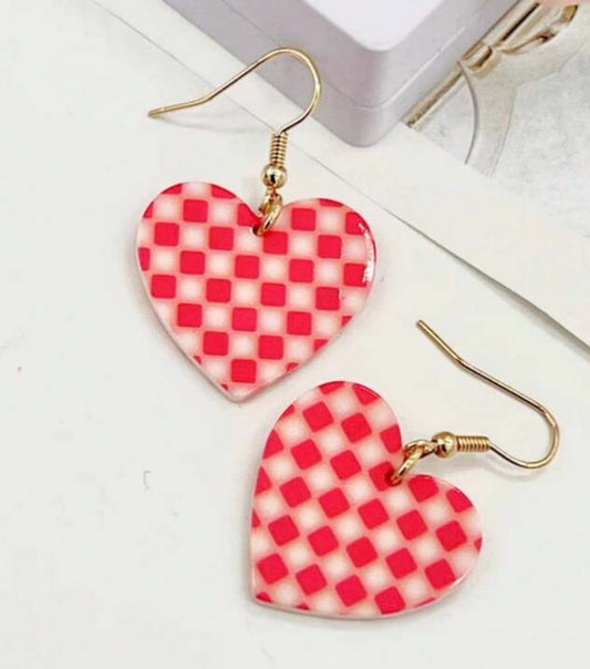 Adorable Red Checkered Heart Earrings