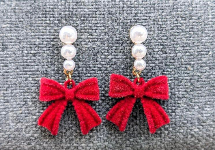 Beautiful Red Bow and Pearl Earrings