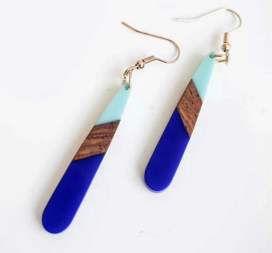 Beautiful Blue Resin and Wood Earrings