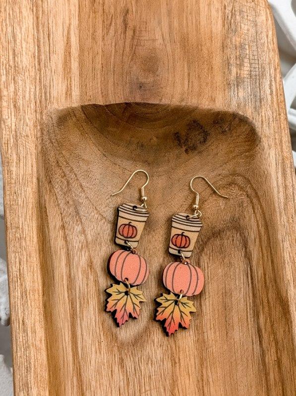 Adorable Fall Pumpkin Spice Coffee Wood Earrings