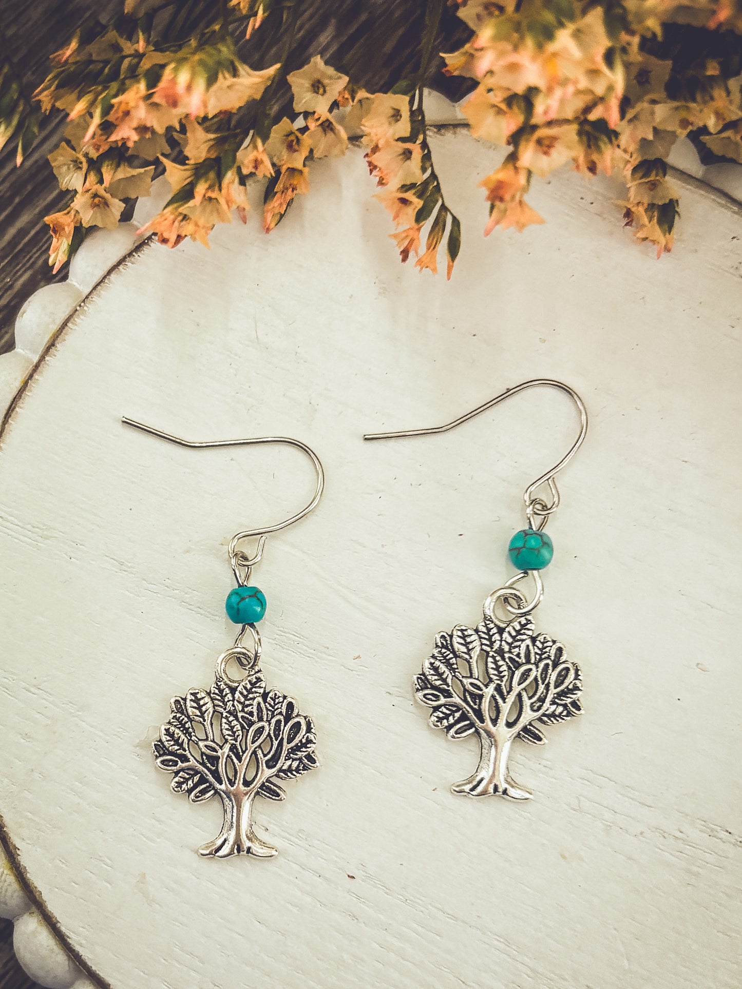 Beautiful Dainty Silver and Turquoise Tree Earrings