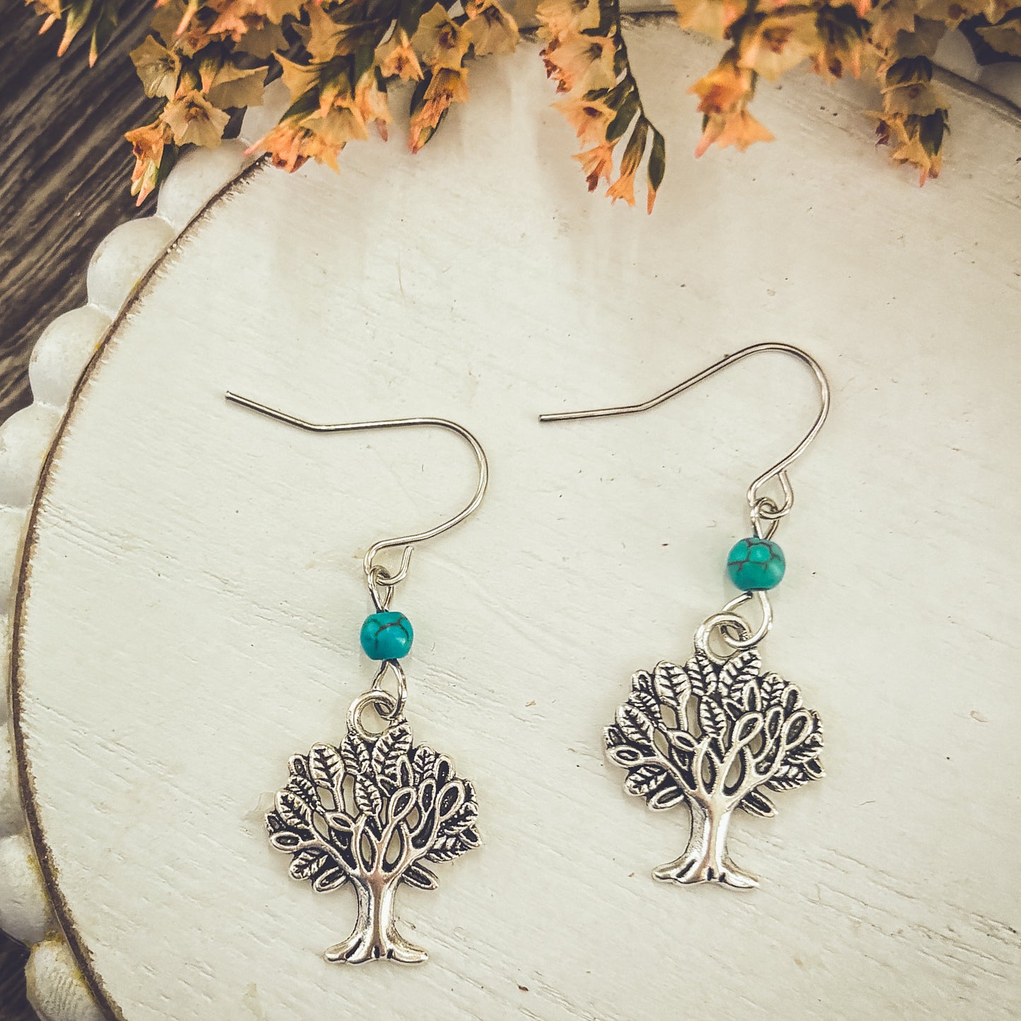 Beautiful Dainty Silver and Turquoise Tree Earrings