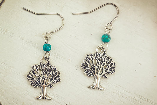 Beautiful Dainty Silver and Turquoise Tree Earrings