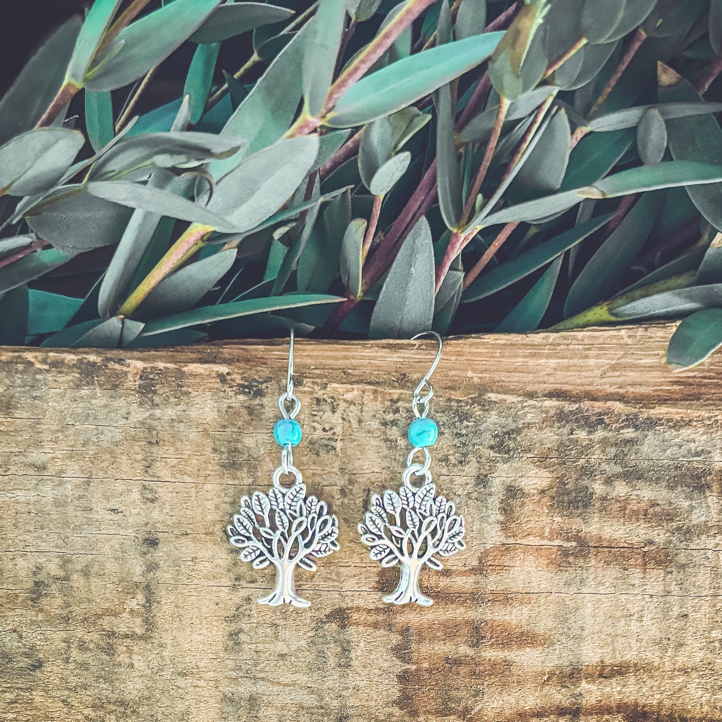 Beautiful Dainty Silver and Turquoise Tree Earrings