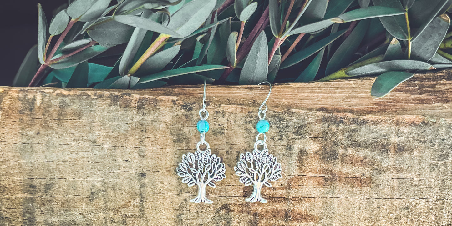 Beautiful Dainty Silver and Turquoise Tree Earrings