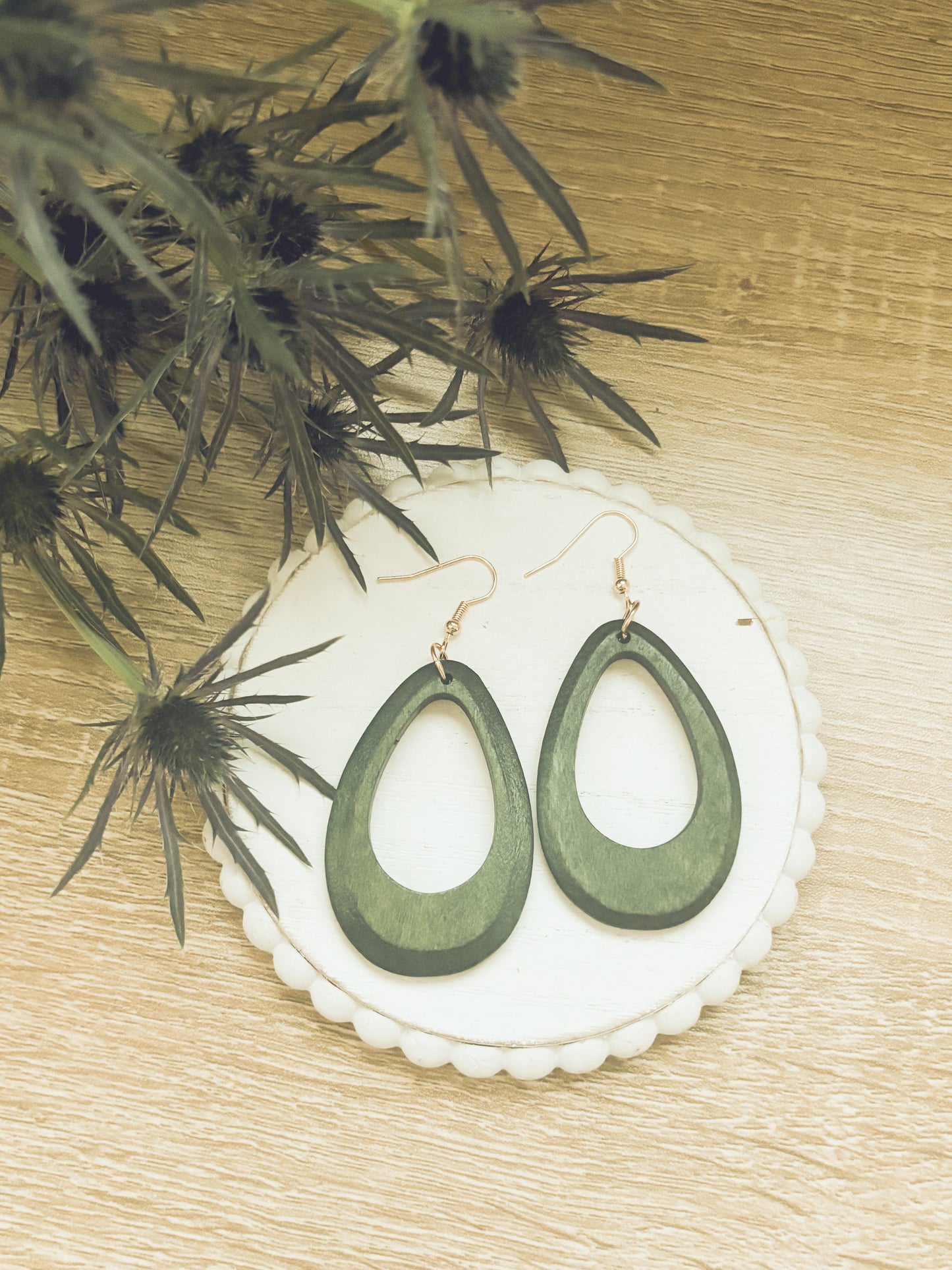 Beautiful Green Boho Triangle Wooden Drop Earrings