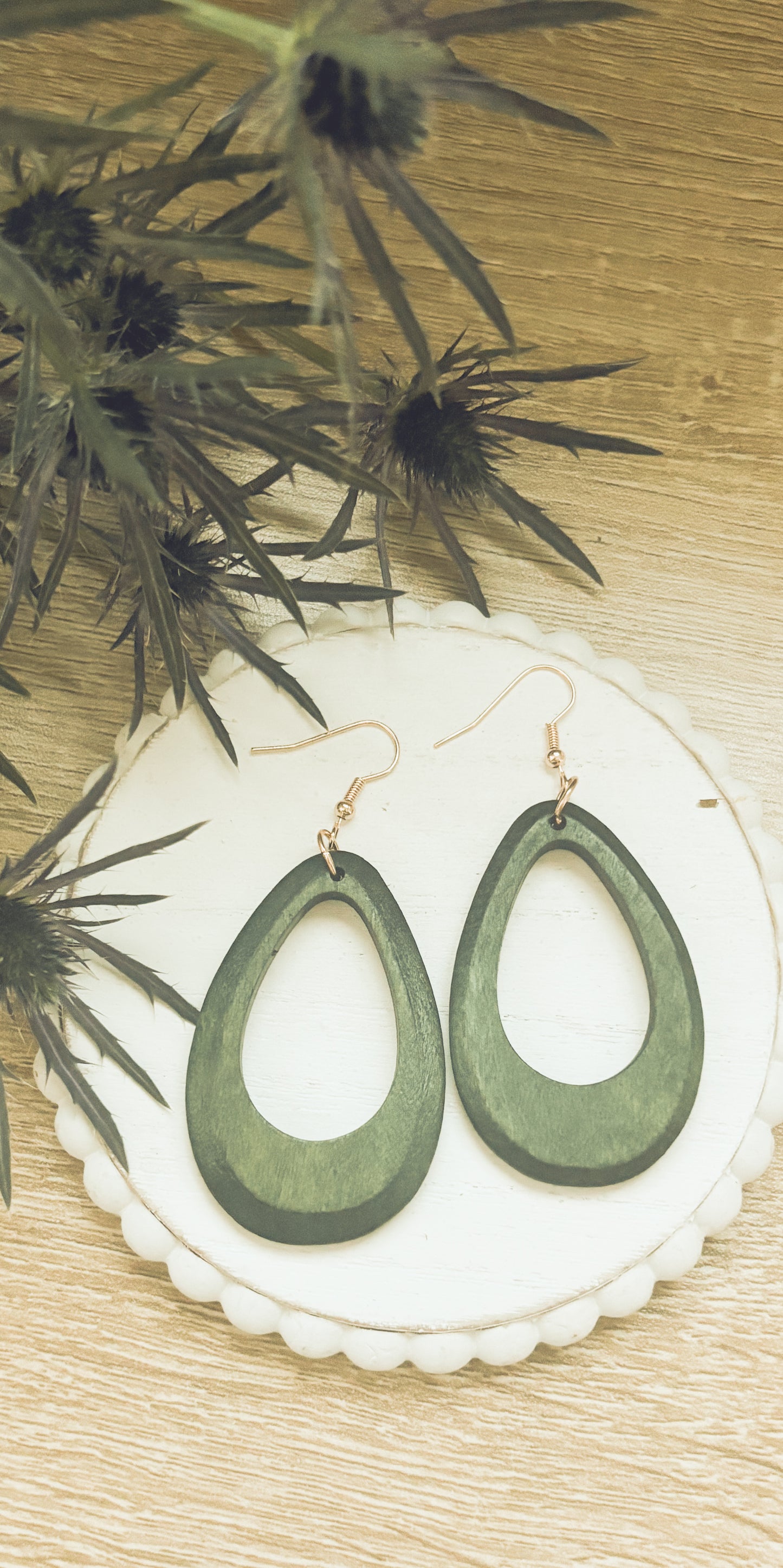 Beautiful Green Boho Triangle Wooden Drop Earrings