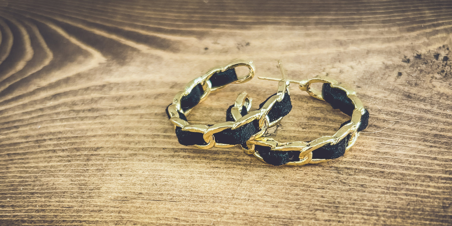 Beautiful Gold and Black Leather Hoop Earrings