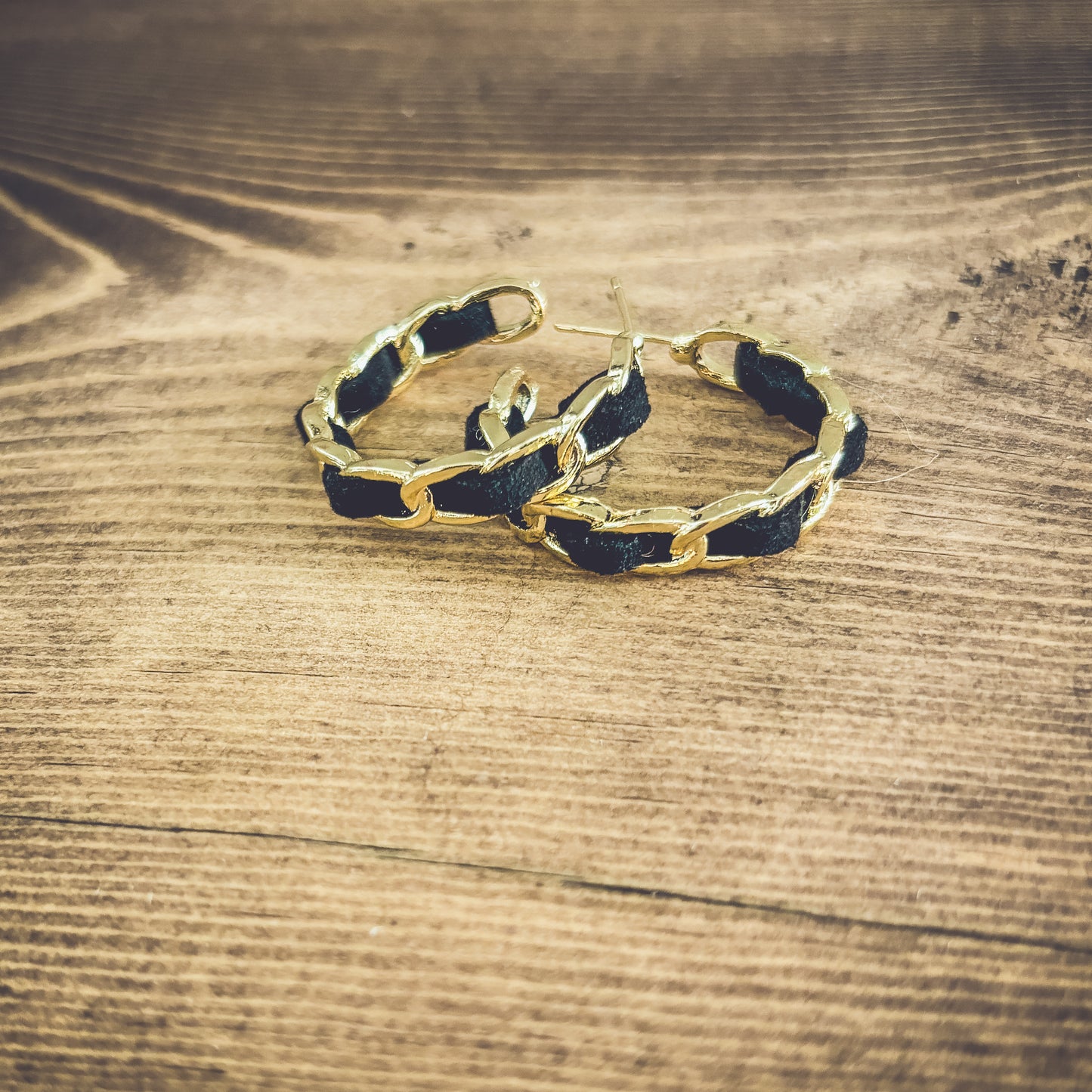 Beautiful Gold and Black Leather Hoop Earrings