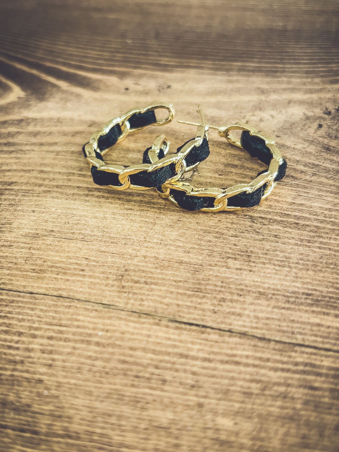 Beautiful Gold and Black Leather Hoop Earrings