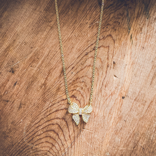 Adorable Gold Rhinestone Bow Necklace