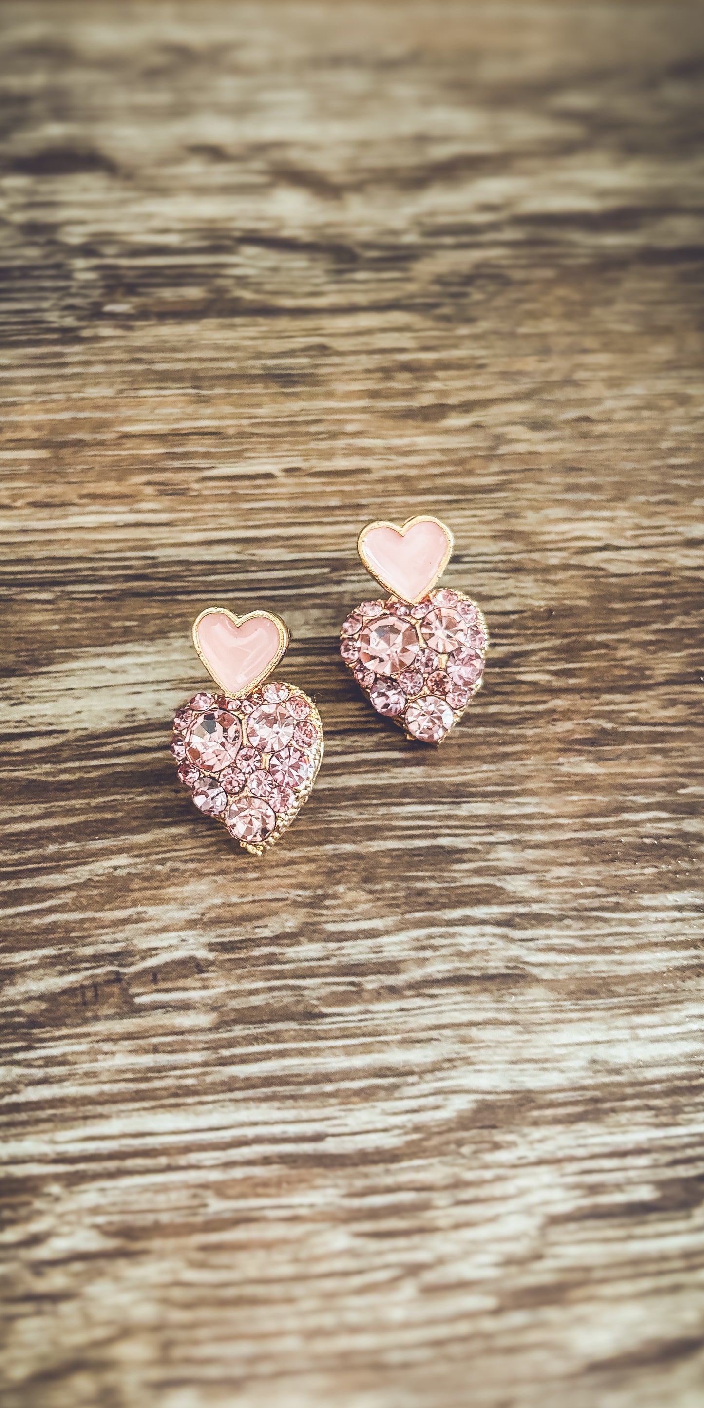 Beautiful Gold and Pink Crystal Heart Earrings