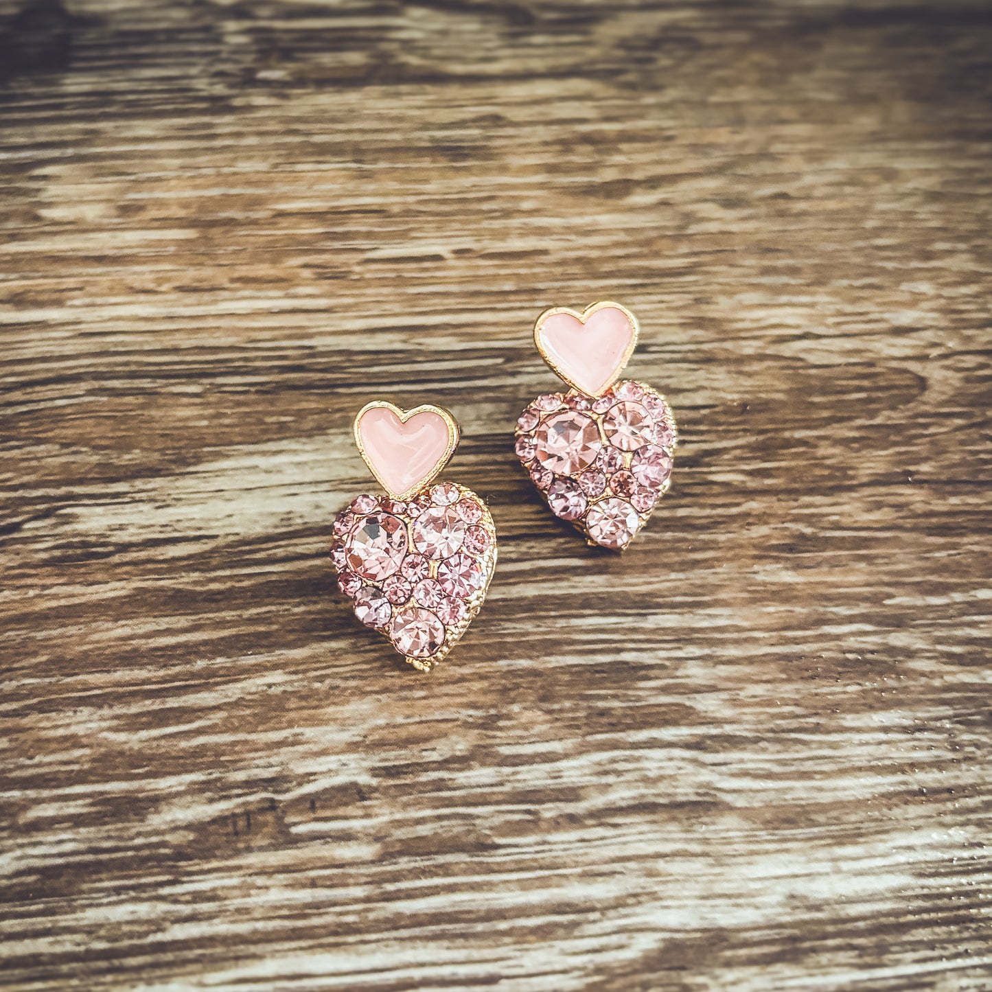 Beautiful Gold and Pink Crystal Heart Earrings