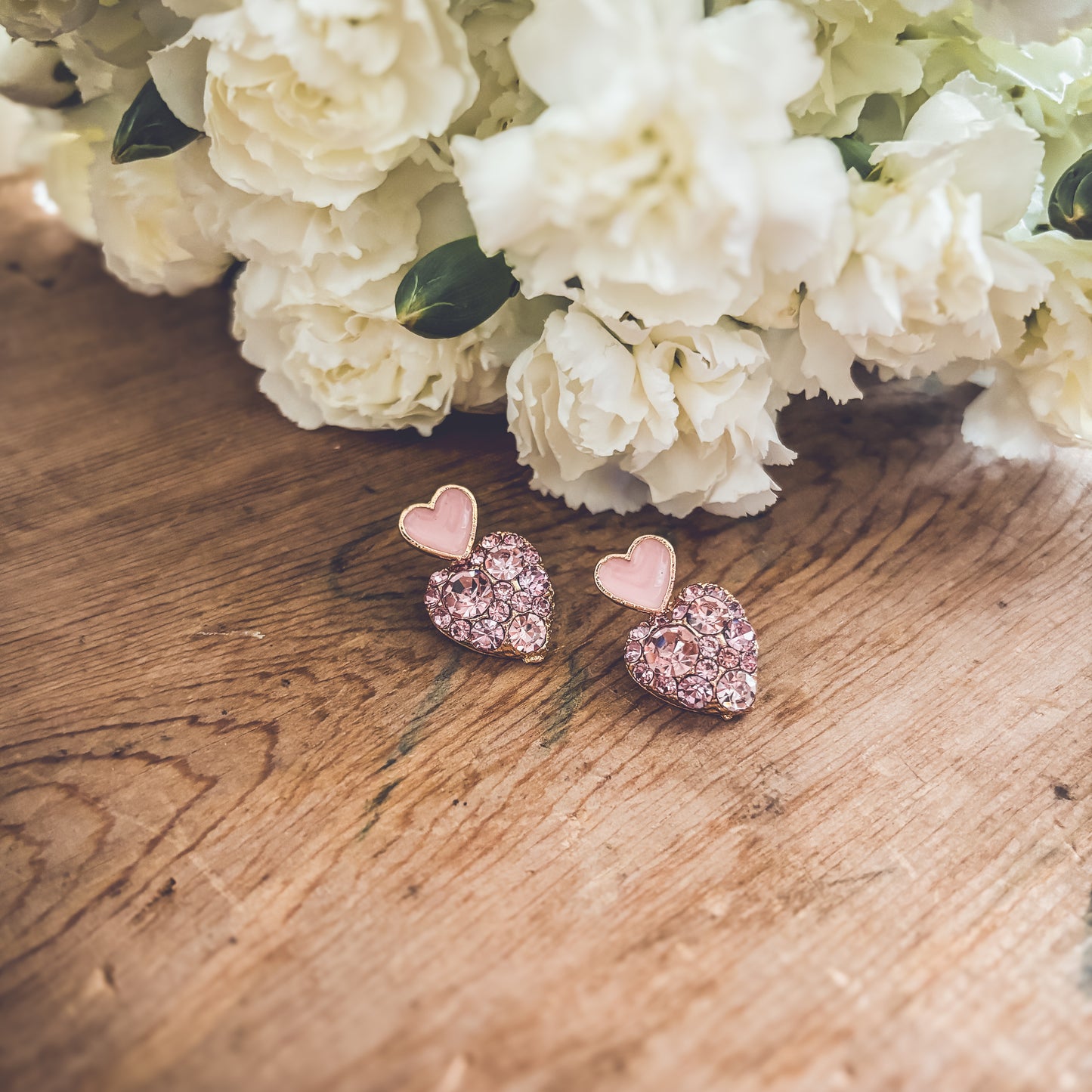 Beautiful Gold and Pink Crystal Heart Earrings