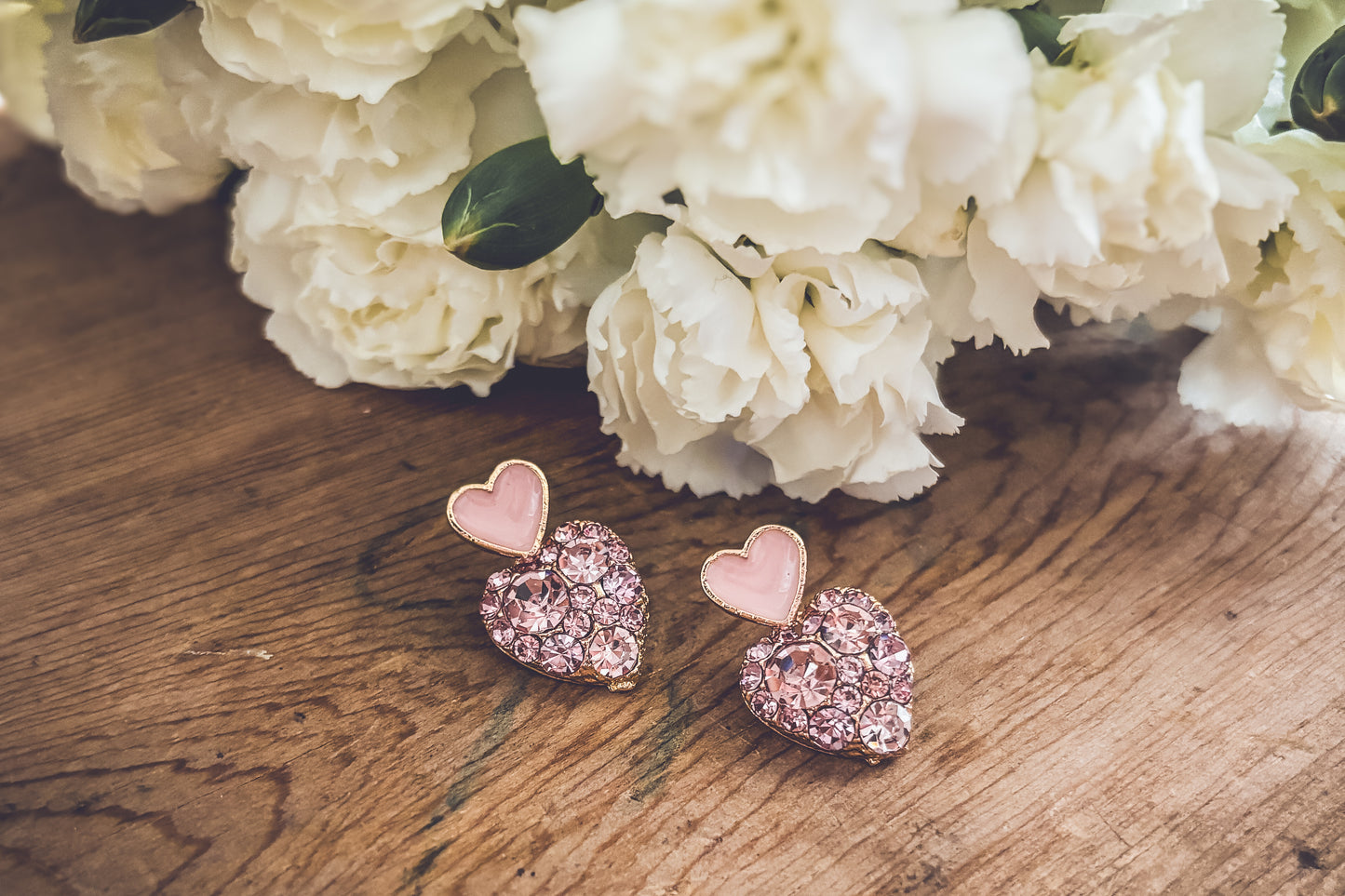 Beautiful Gold and Pink Crystal Heart Earrings