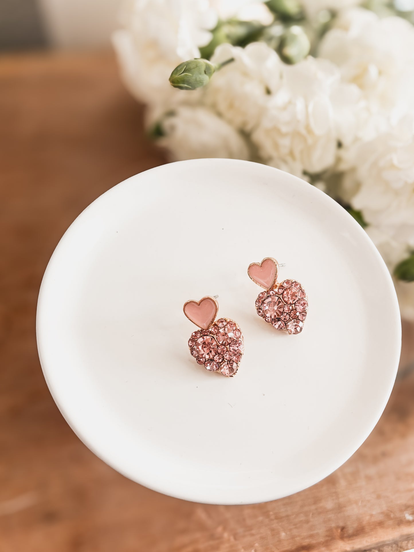 Beautiful Gold and Pink Crystal Heart Earrings