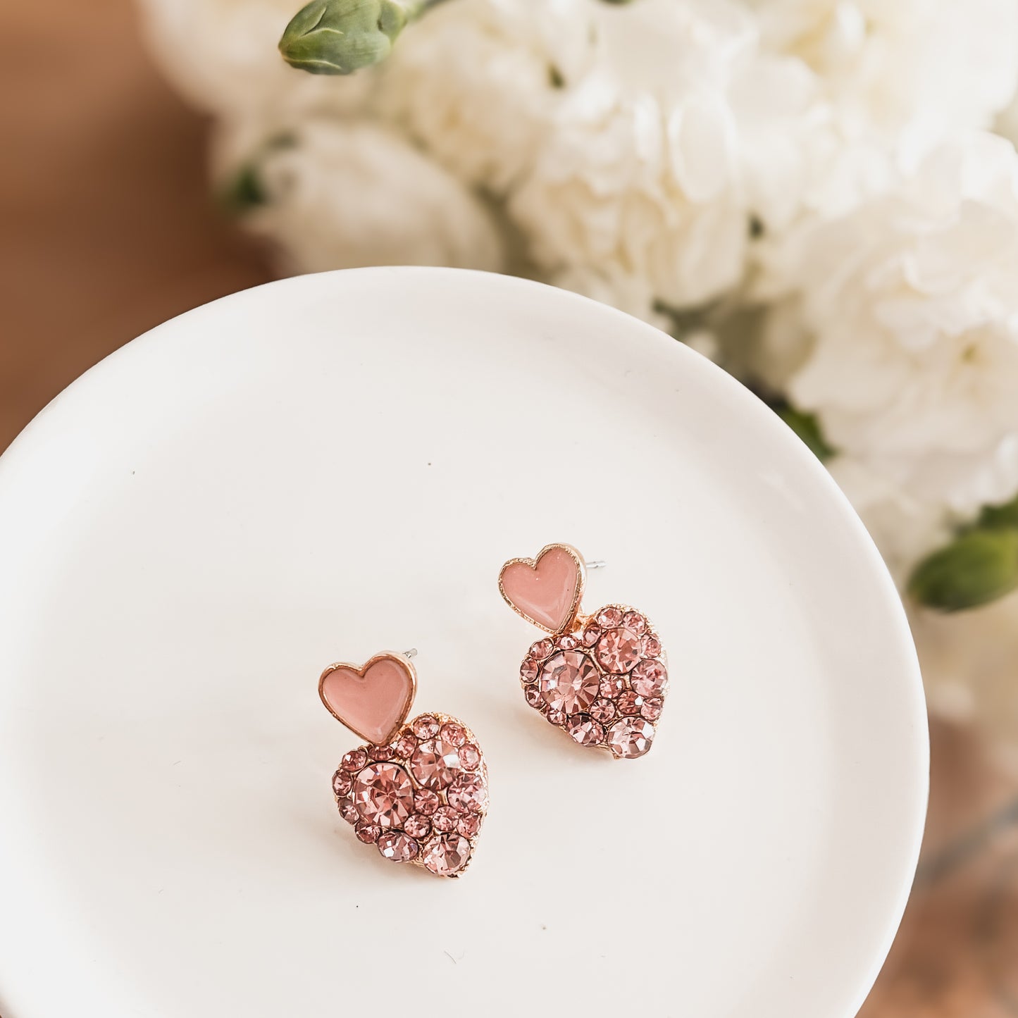 Beautiful Gold and Pink Crystal Heart Earrings